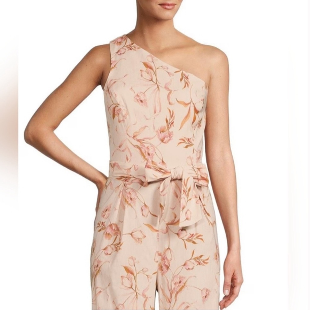 ANTONIO MELANI Pink Floral One Shoulder Jumpsuit Linen Blend Belted Size 10 New‎ - Picture 3 of 13